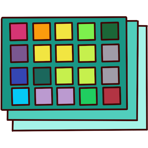 a green rectangle with several colorful squares with paler green rectangles behind it, implying a stack. 
